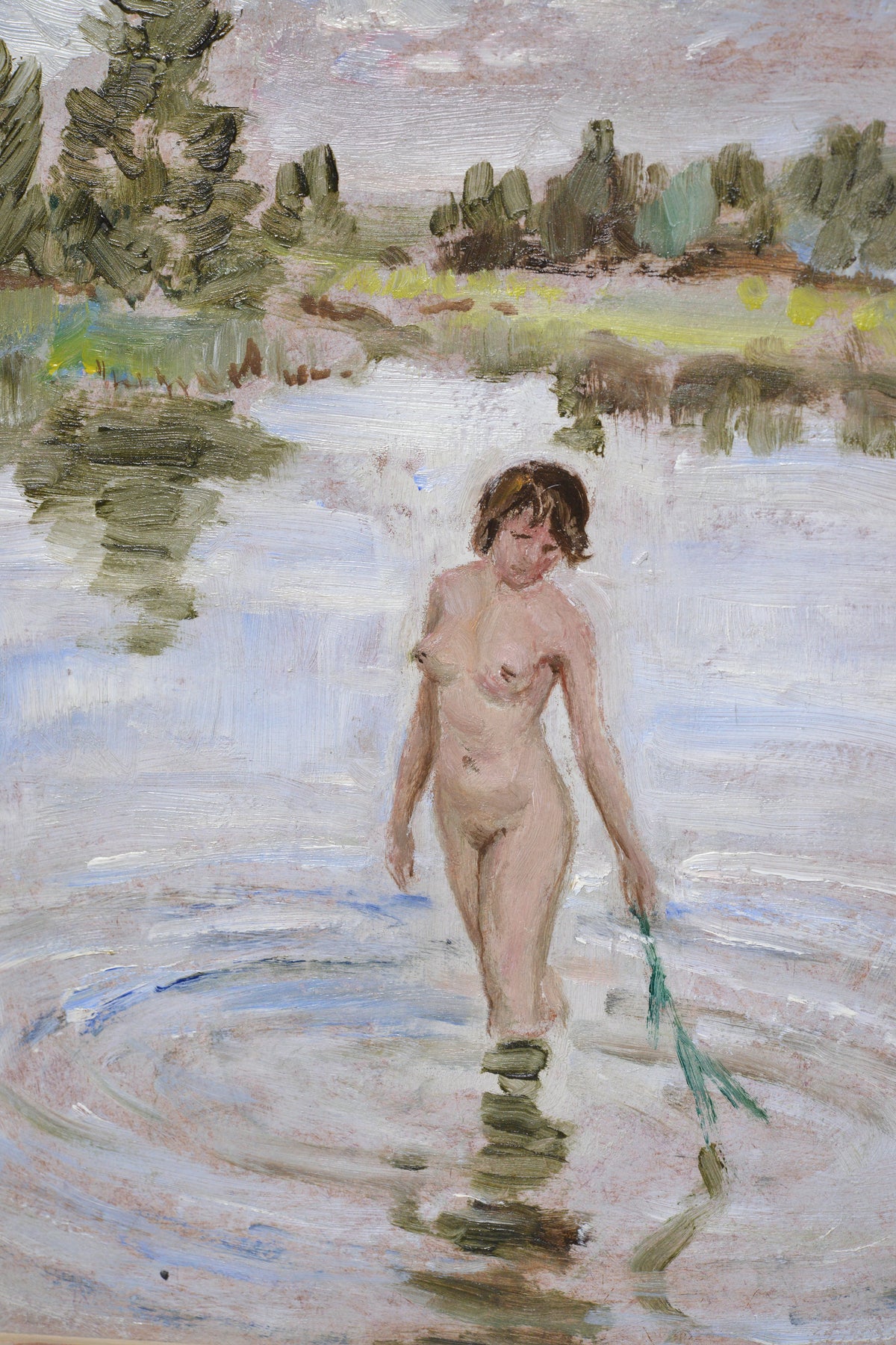 Nude bather Landscape by Swedish impressionist early 20th century Oil painting