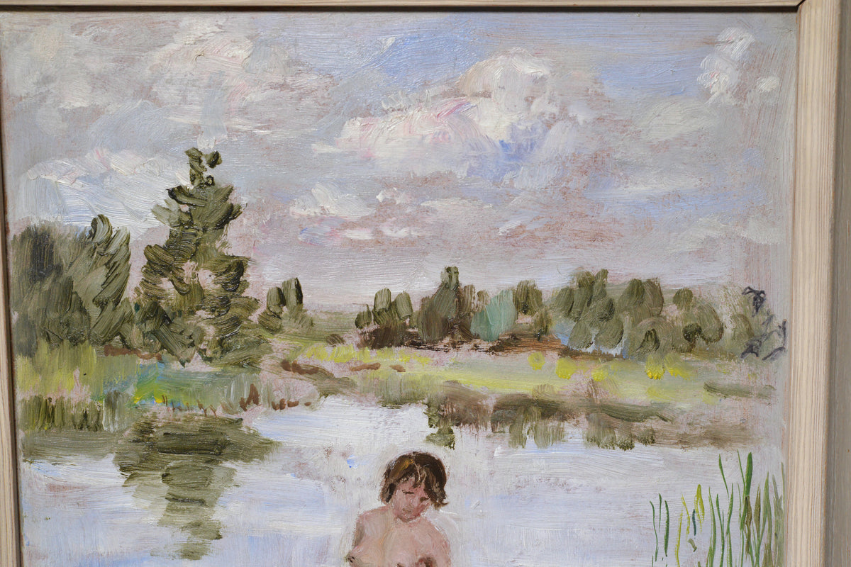 Nude bather Landscape by Swedish impressionist early 20th century Oil painting