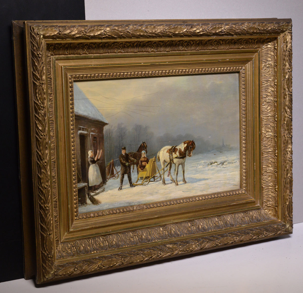 Dutch Genre scene Winter wedding on a horse sleigh 19th century Oil painting