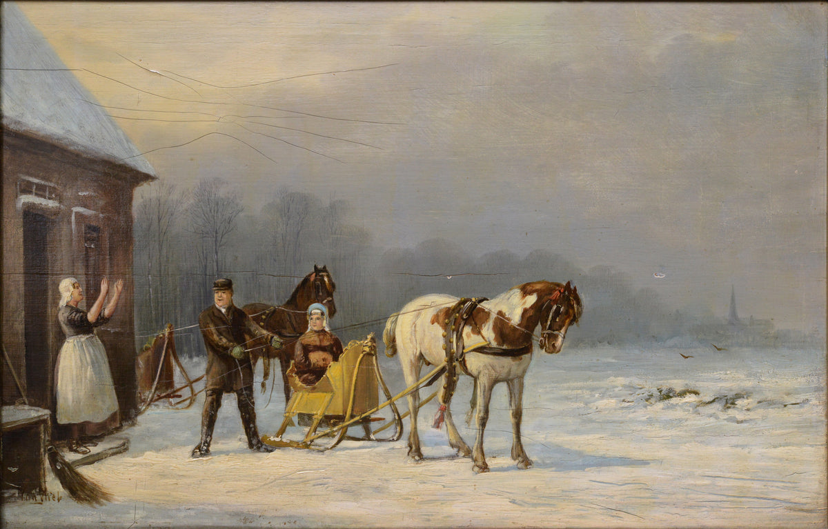 Dutch Genre scene Winter wedding on a horse sleigh 19th century Oil painting