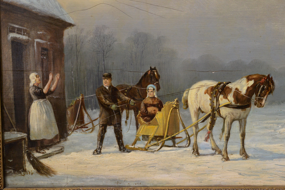 Dutch Genre scene Winter wedding on a horse sleigh 19th century Oil painting