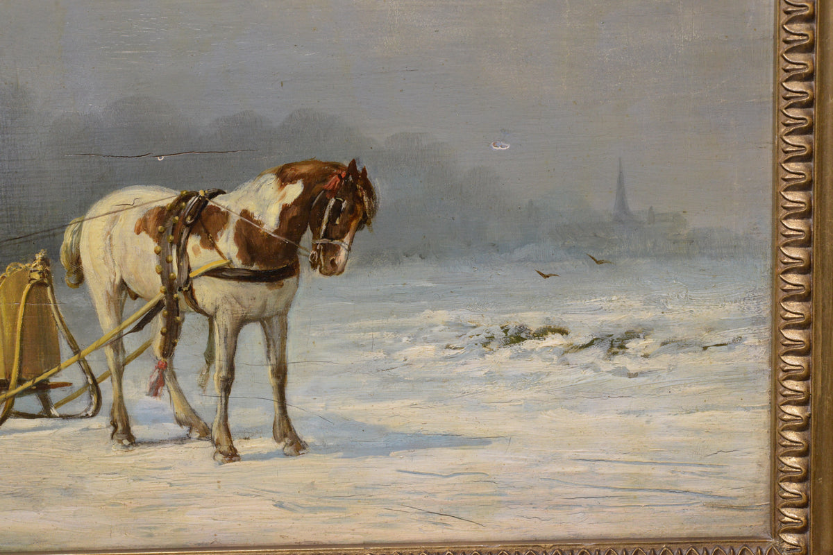 Dutch Genre scene Winter wedding on a horse sleigh 19th century Oil painting