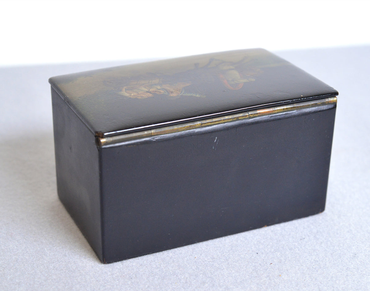 19C antique handpainted lacquer box Troyka also humidor casket tea caddy