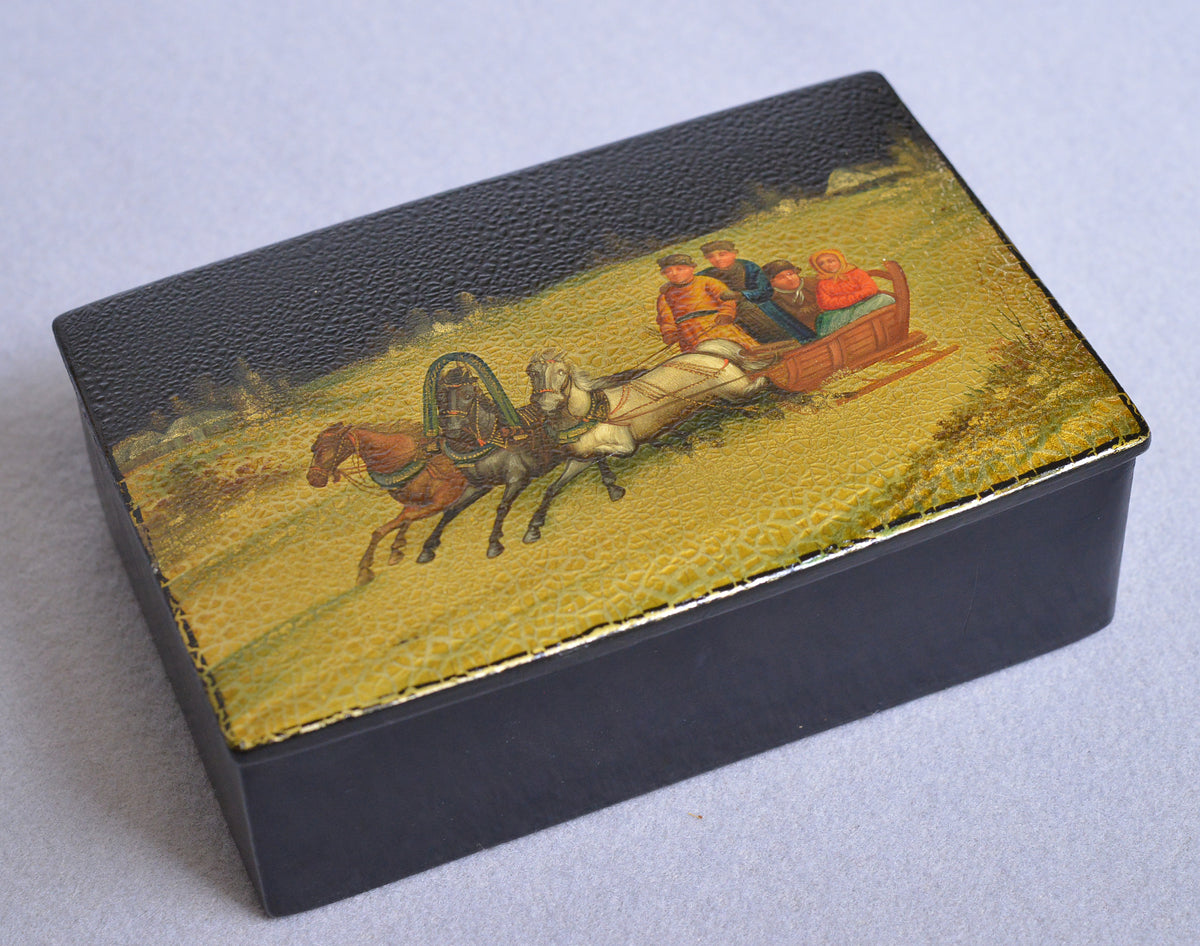 early 20 antique Russian lacquer hand painted miniature box Winter Troika