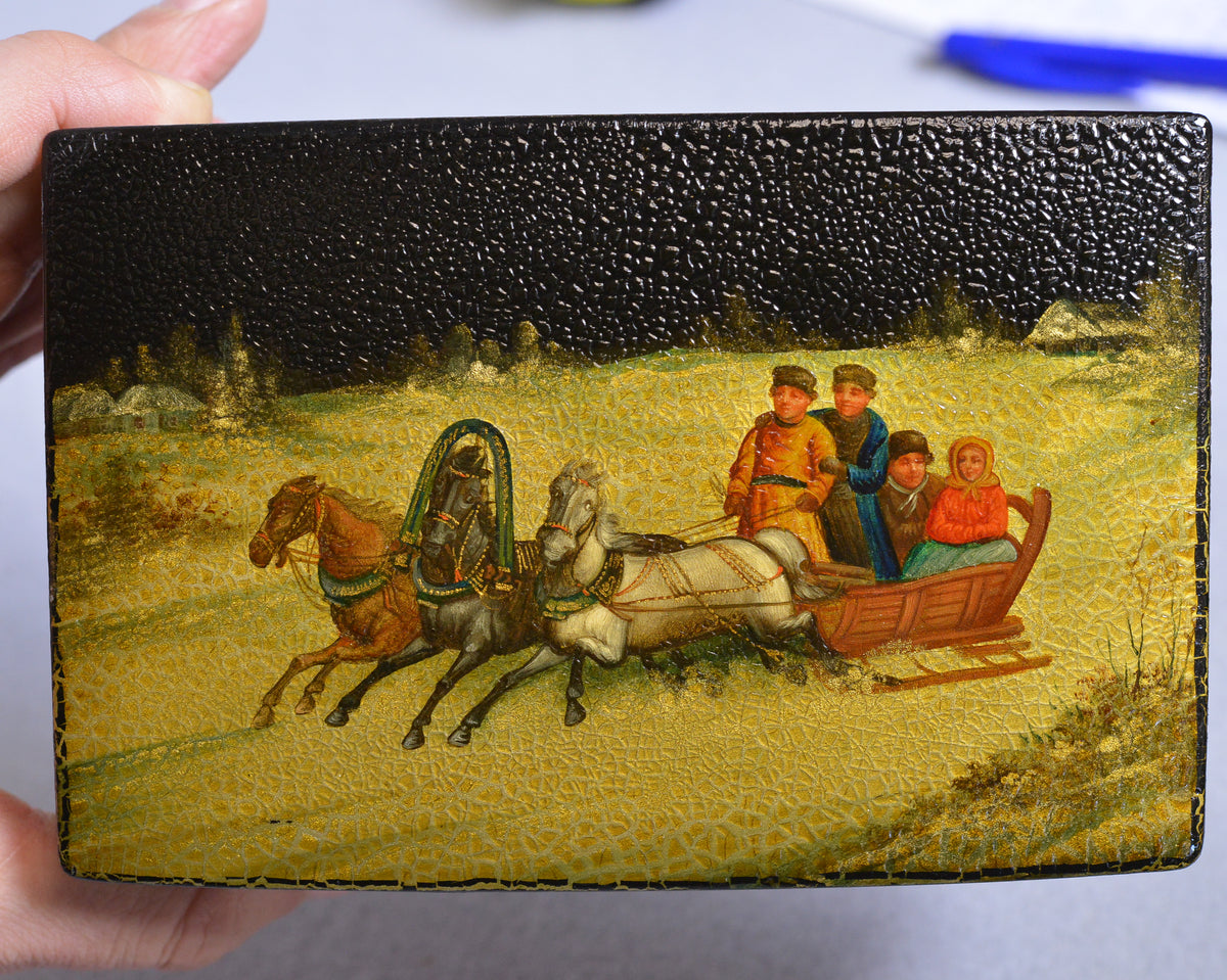 early 20 antique Russian lacquer hand painted miniature box Winter Troika