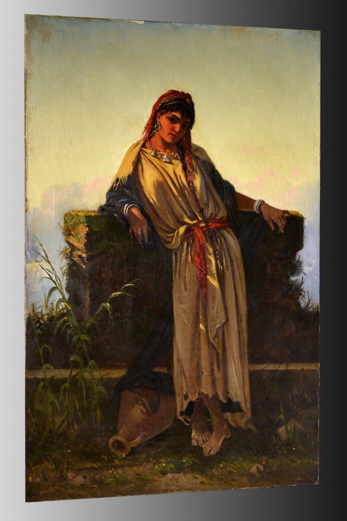 Italian genre portrait Middle Eastern beauty at a well 19th century oil painting