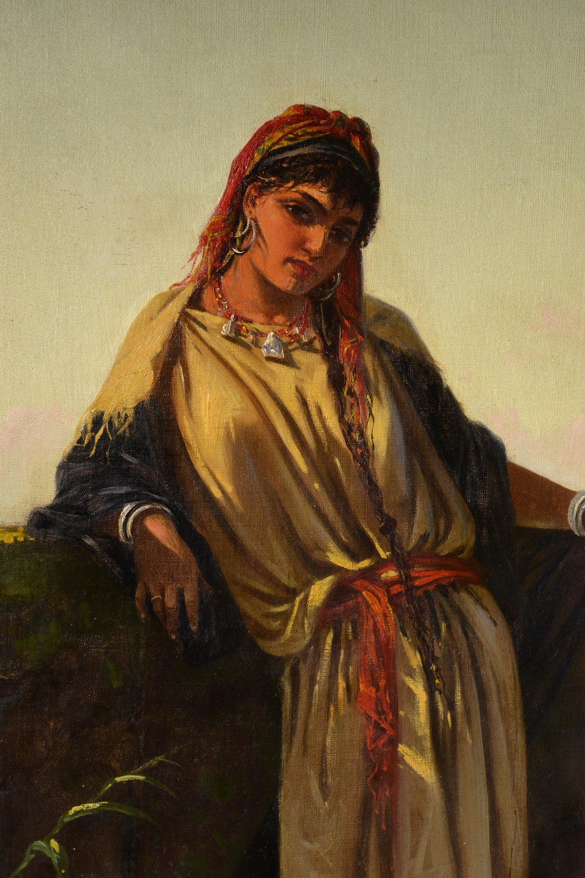 Italian genre portrait Middle Eastern beauty at a well 19th century oil painting