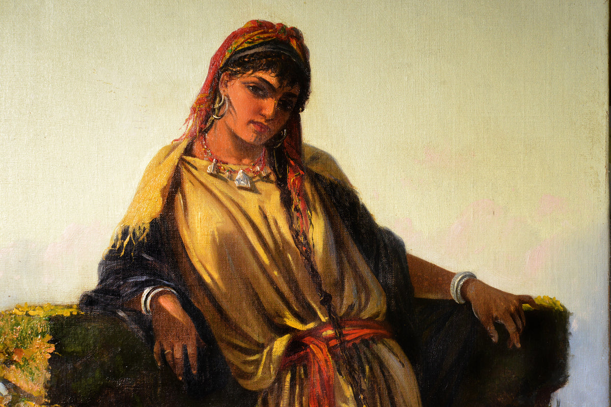 Italian genre portrait Middle Eastern beauty at a well 19th century oil painting