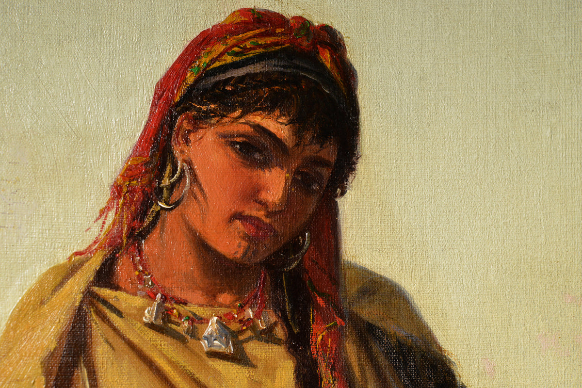 Italian genre portrait Middle Eastern beauty at a well 19th century oil painting