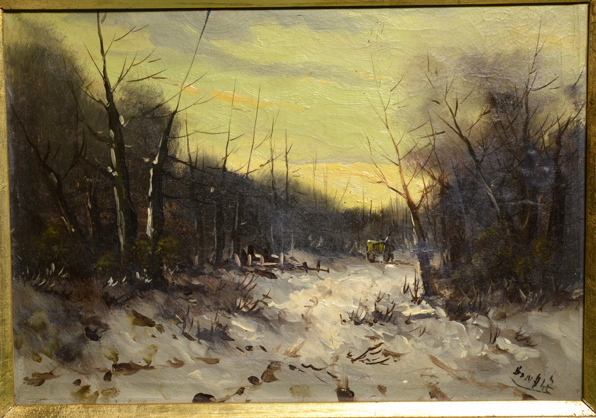 Winter forest landscape at sunset Barbizonian spirit Signed oil painting ca 1915