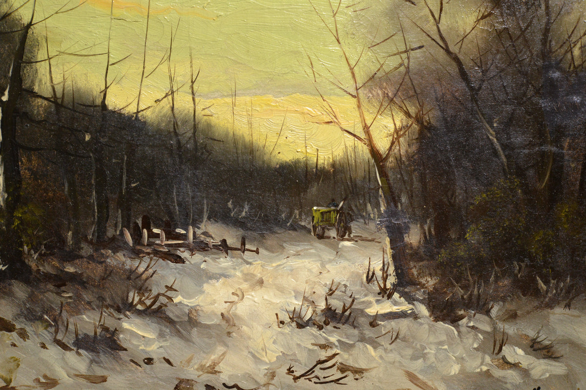 Winter forest landscape at sunset Barbizonian spirit Signed oil painting ca 1915