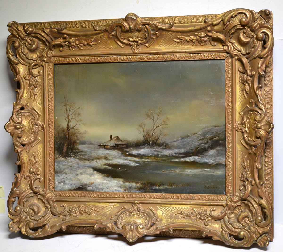 Scottish winter landscape Lake house Antique oil painting Signed n Good framed