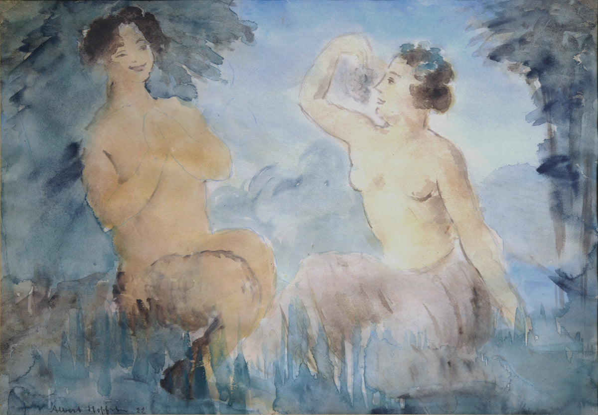 Modernist watercolor Two Nudes Bacchantes by Albert Hoffsten ca 1922