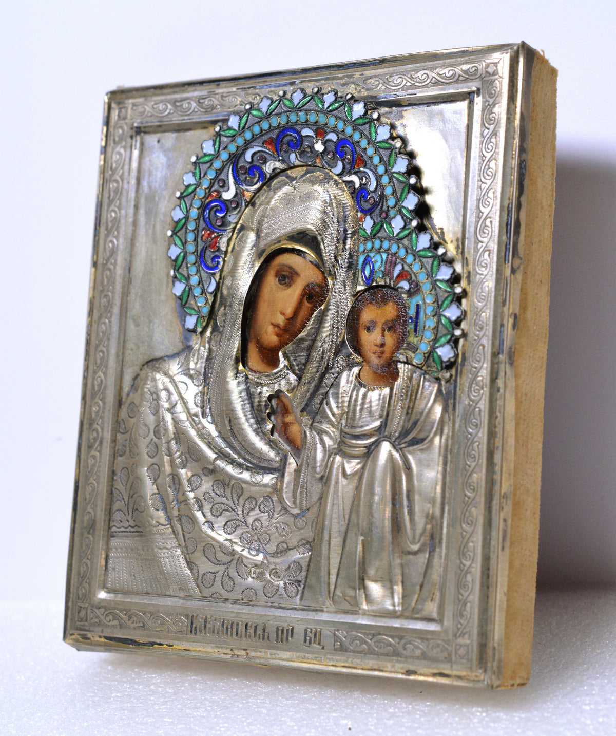 19C Russian Antique Icon Our Lady of Kazan w Enamel Silver Oklad