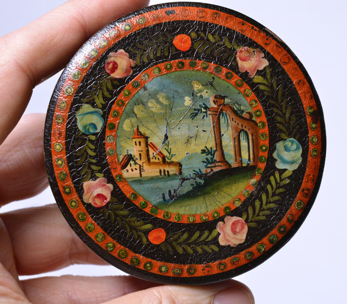 18C antique German hand painted lacquer papier mache snuff box