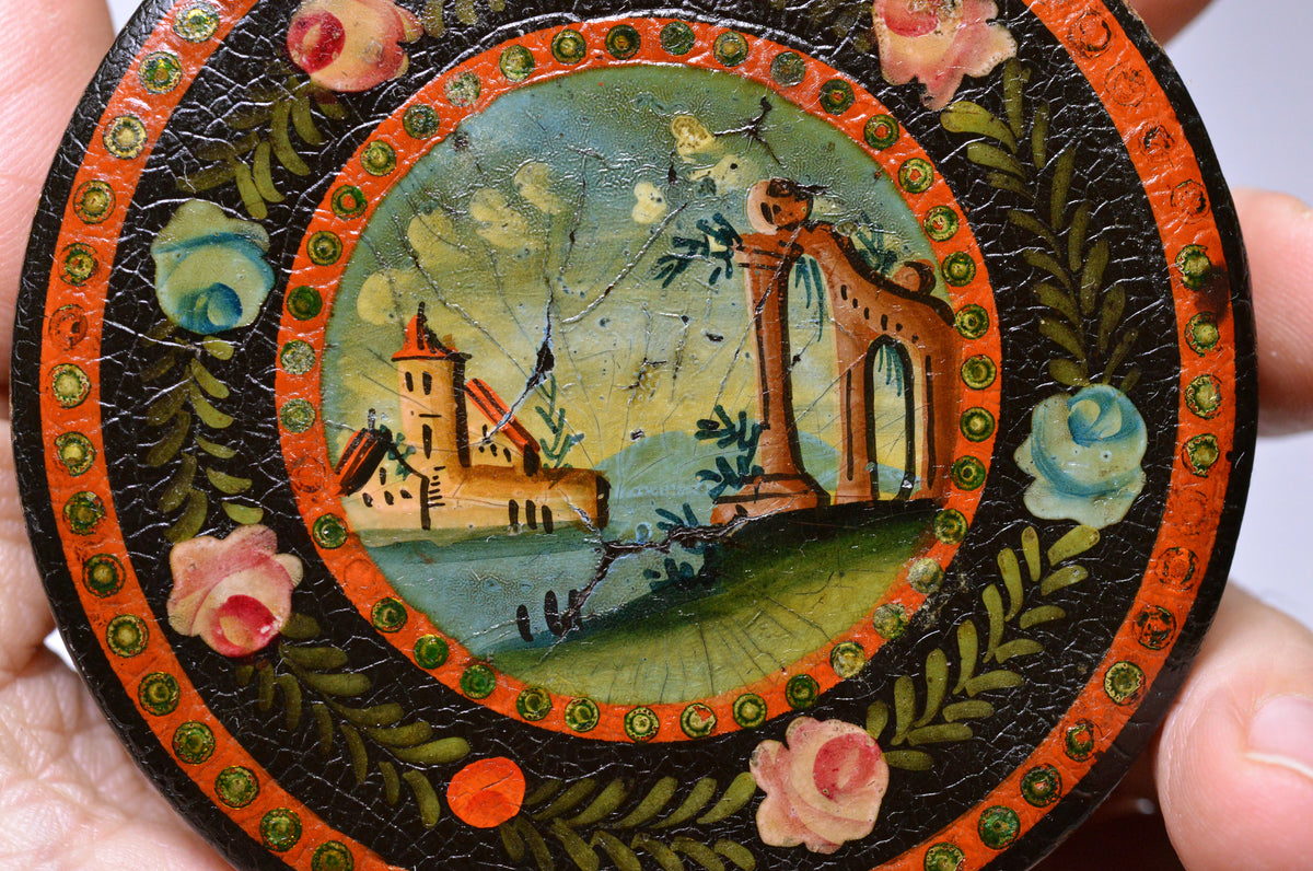 18C antique German hand painted lacquer papier mache snuff box