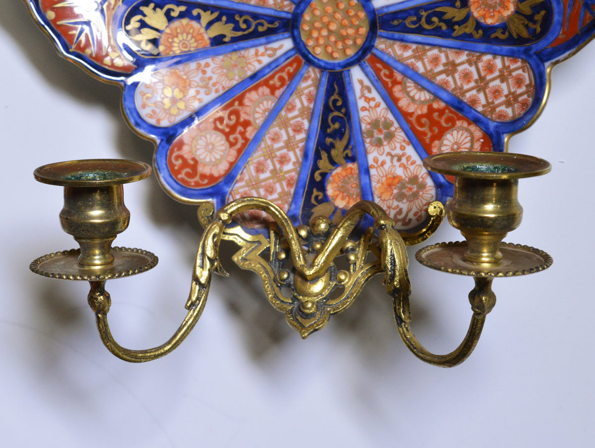 Antique Gilt Bronze & Japanese Imari Sconces Wall Candleholders