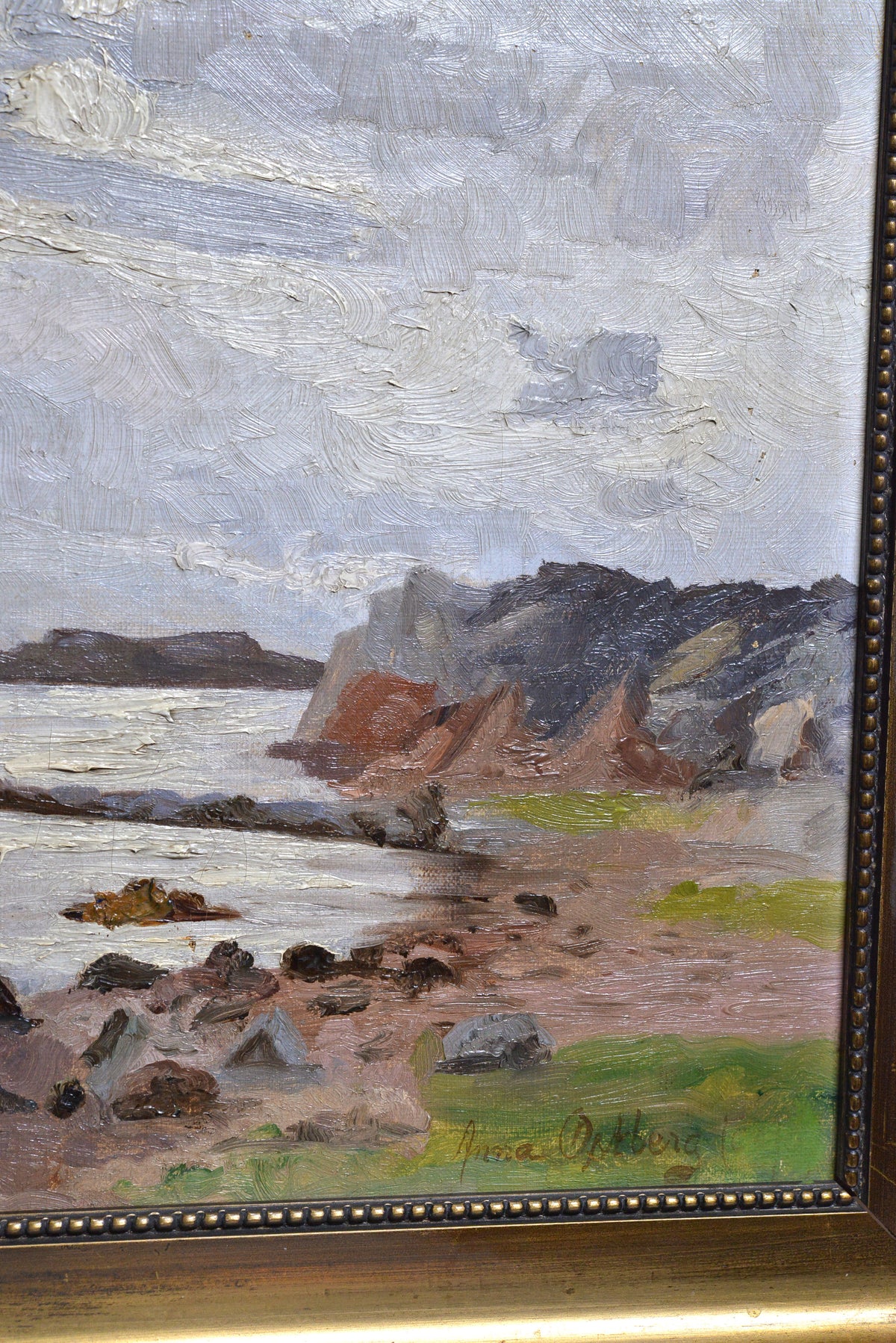 Cool Swedish Sea Shore Scene late 19C Antique Oil Painting by Anna