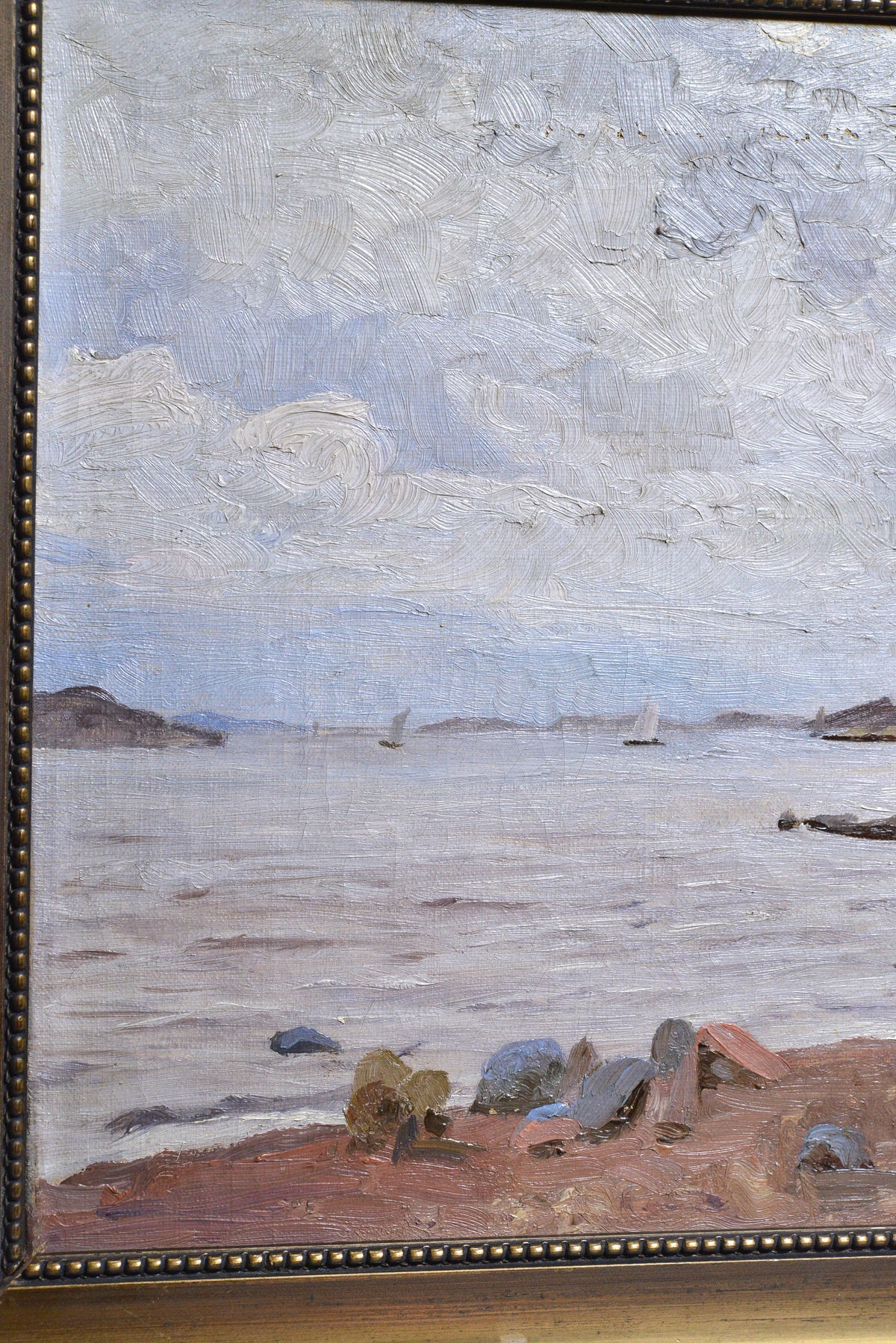 Cool Swedish Sea Shore Scene late 19C Antique Oil Painting by Anna