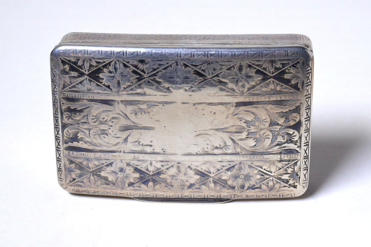 Anatomically curved ornamental 1840 Russian antique niello 84 silver box