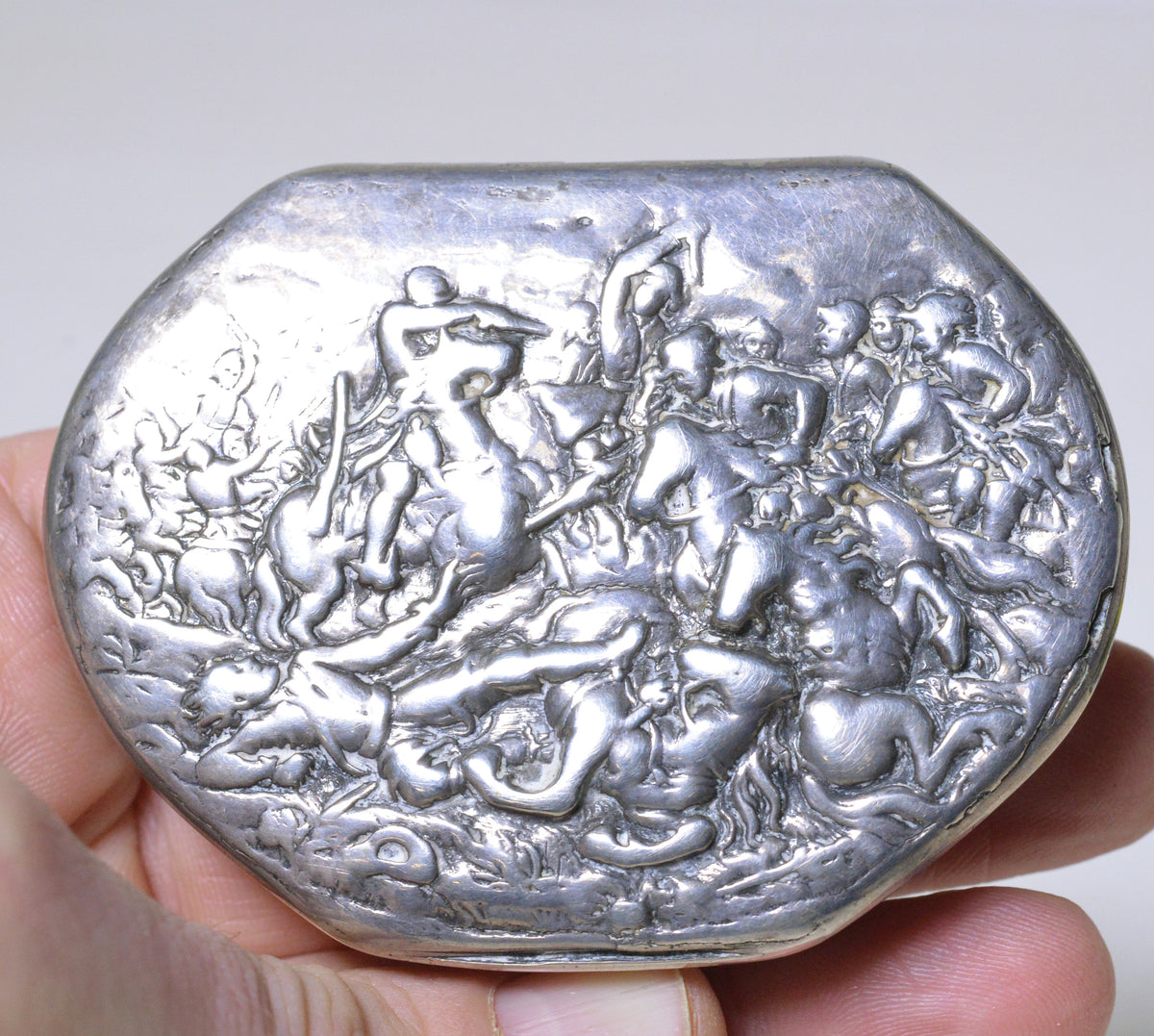 18C Antique Baroque Repousse Silver Trinket box w Battle Scene