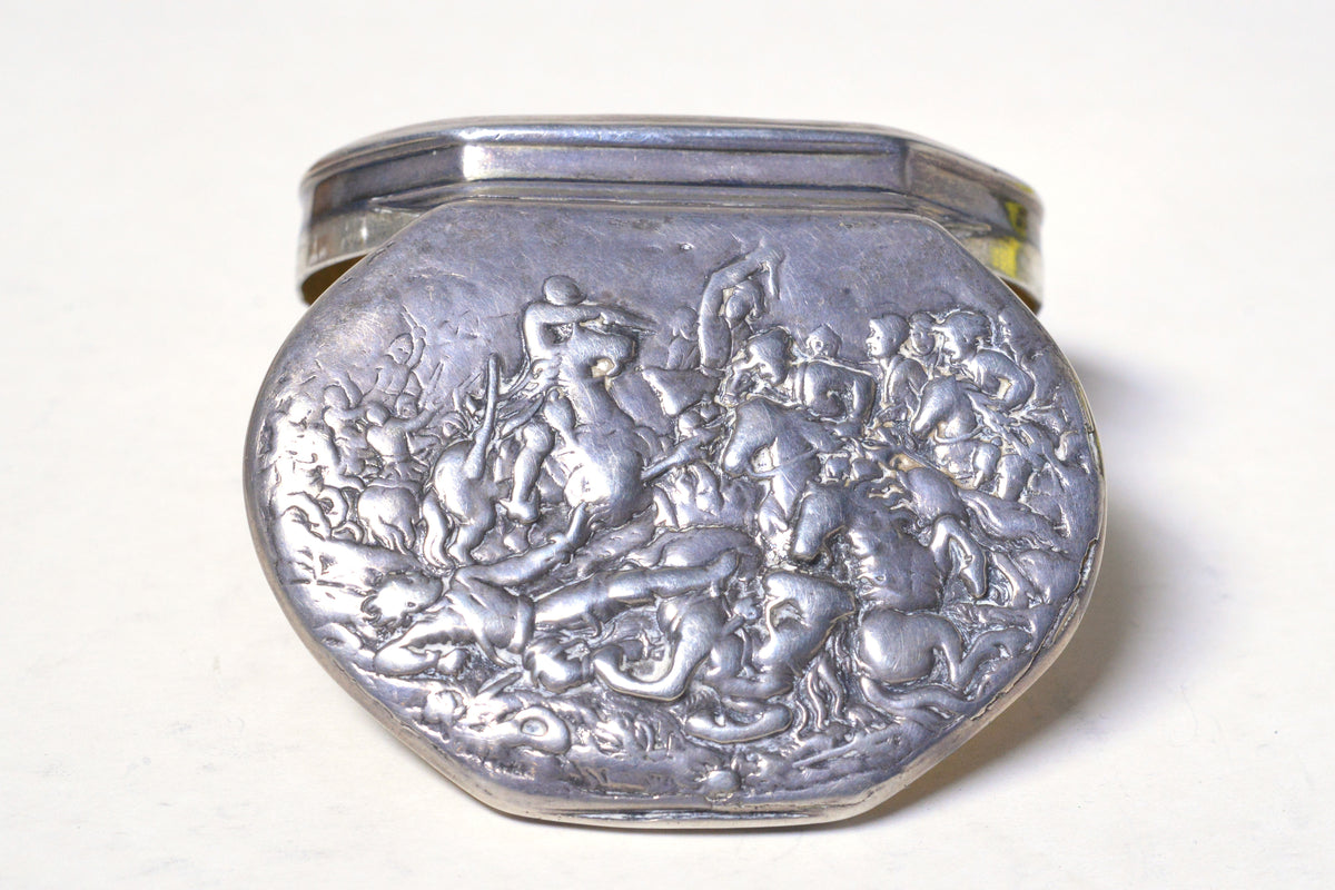 18C Antique Baroque Repousse Silver Trinket box w Battle Scene