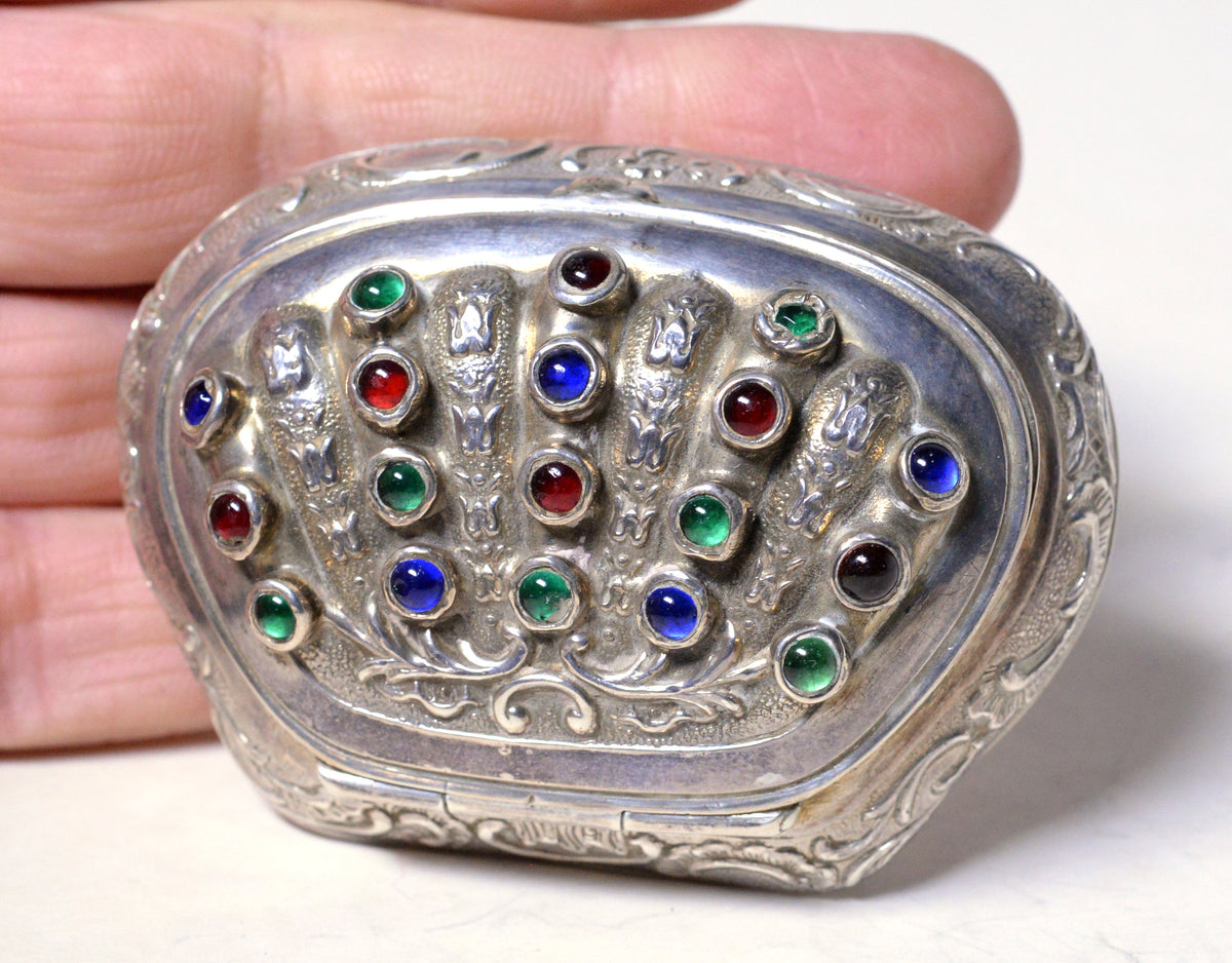 19th century Antique Baroque Hanau Repousse Silver n Gems Box by Kurz