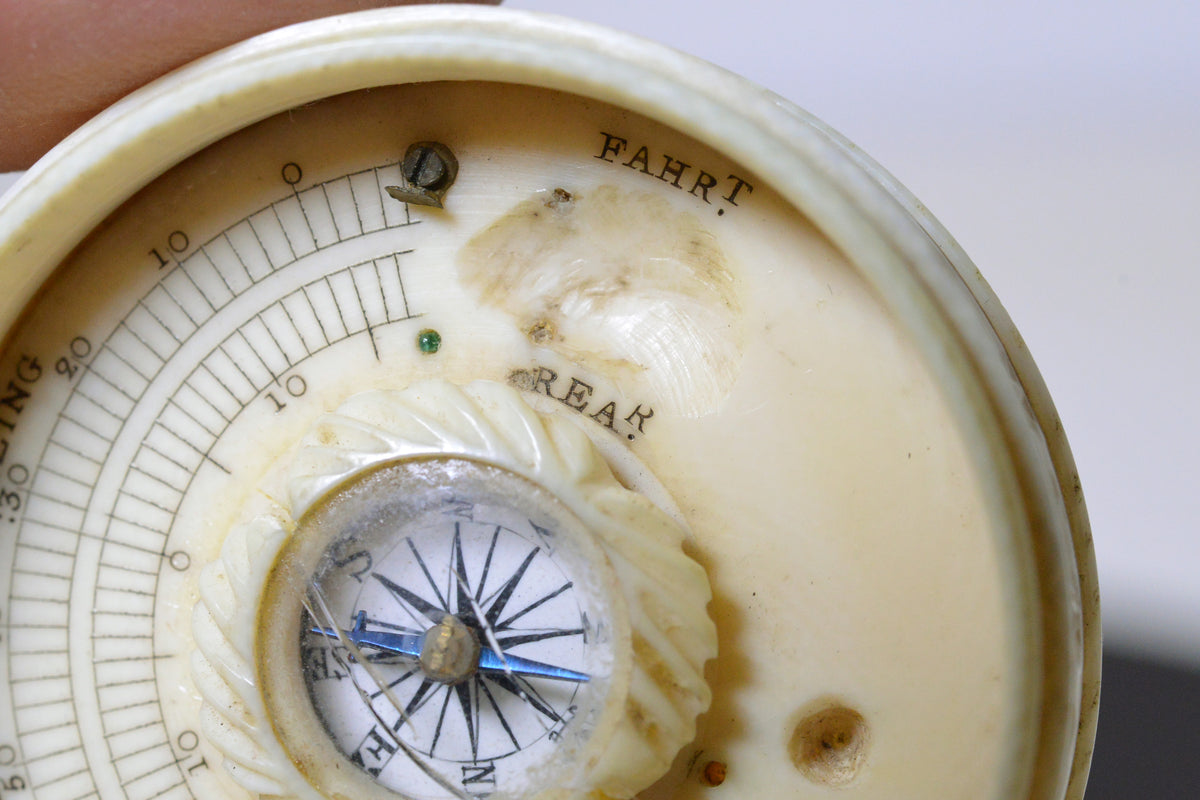 19C Antique Pocket Compendium Thermometer & Compass in Carved Ivory Box