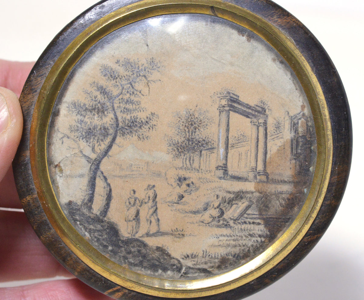 Fine 18C antique ebony wood snuff box w hand painted miniature Capriccio