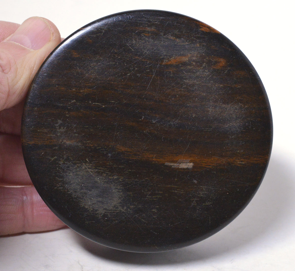 Fine 18C antique ebony wood snuff box w hand painted miniature Capriccio