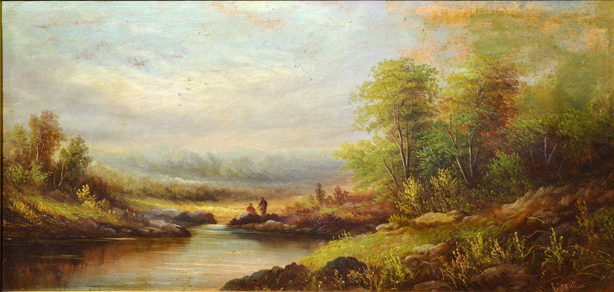 Fine Panoramic Landscape w 2 Fishing Figures mid - 19C antique Oil painting