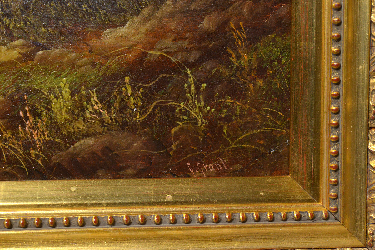 Fine Panoramic Landscape w 2 Fishing Figures mid - 19C antique Oil painting