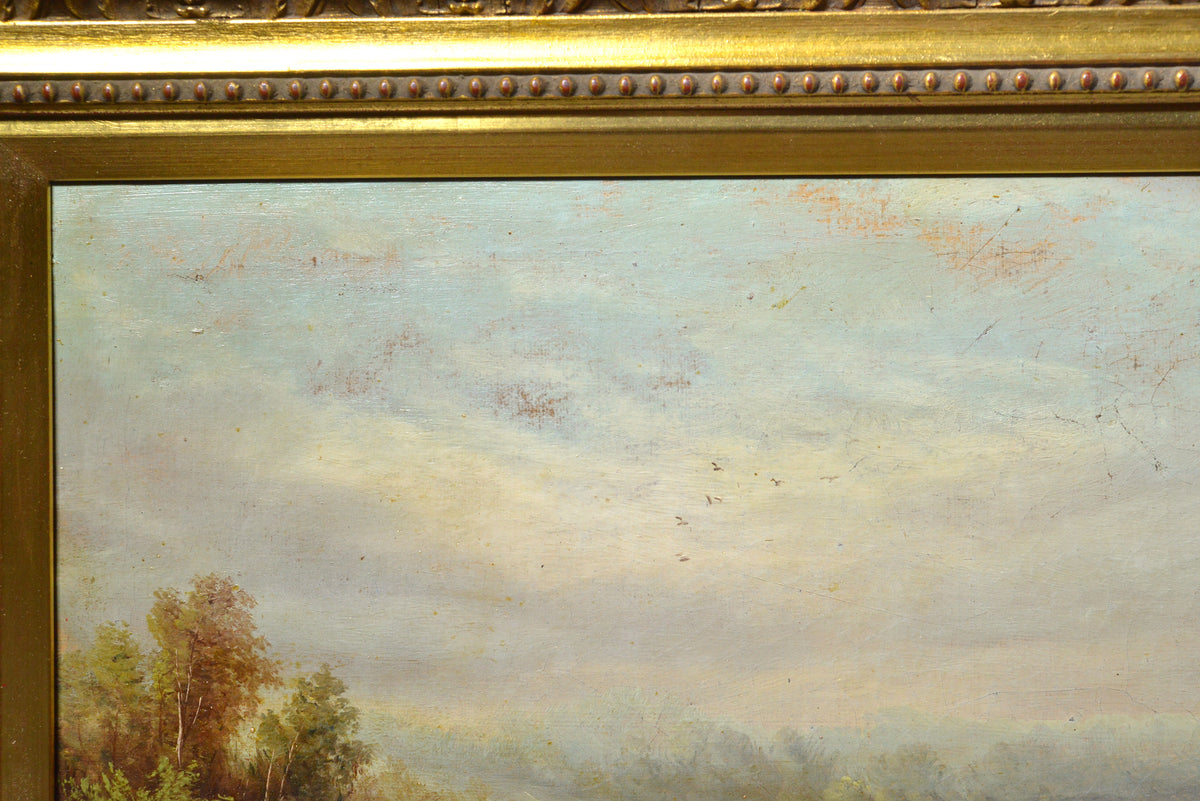 Fine Panoramic Landscape w 2 Fishing Figures mid - 19C antique Oil painting