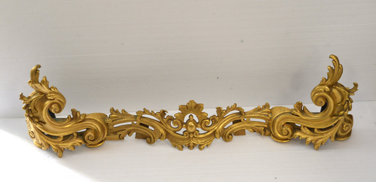 Antique Gilt Brass Rococo Rocaille Fireplace Fender Andiron