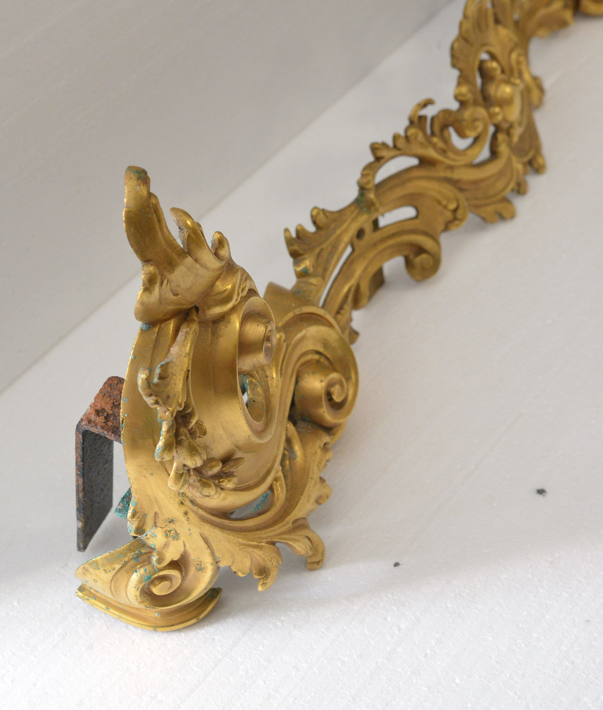 Antique Gilt Brass Rococo Rocaille Fireplace Fender Andiron