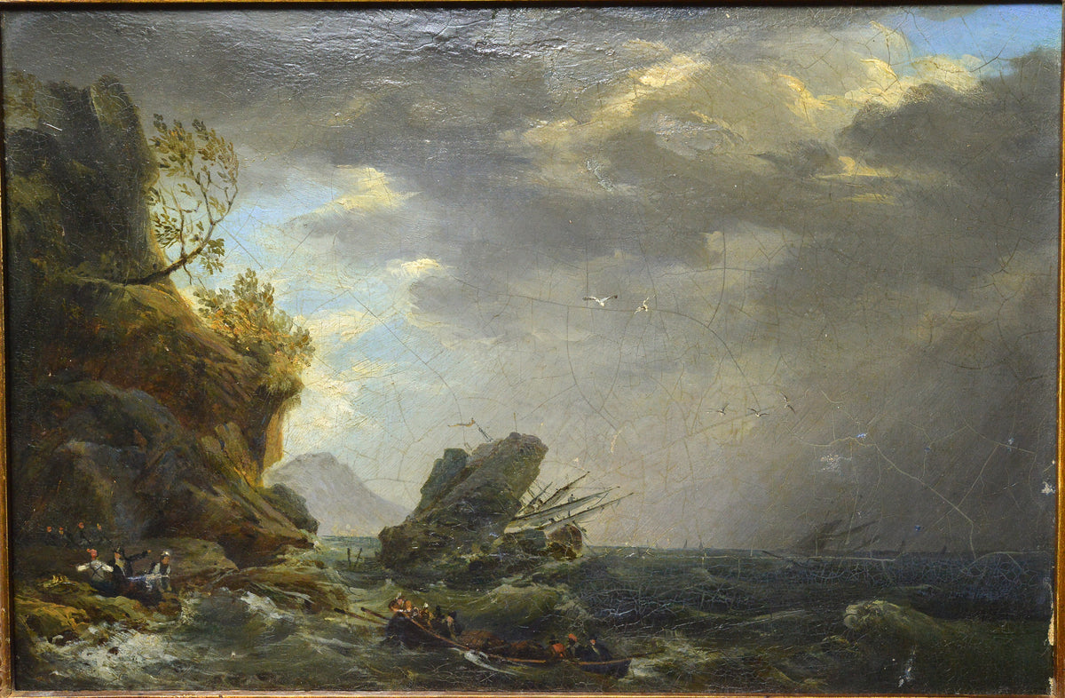 Early 19C coastal scene w shipwreck stormy sea by Swedish master