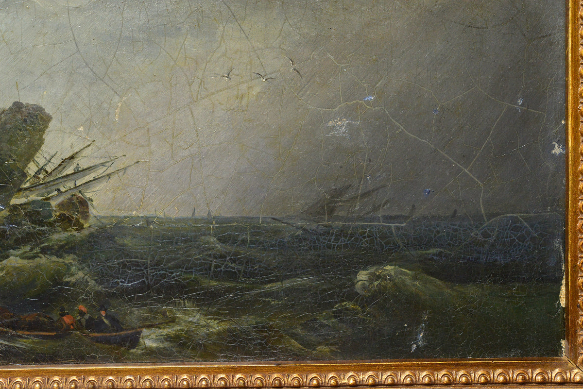 Early 19C coastal scene w shipwreck stormy sea by Swedish master