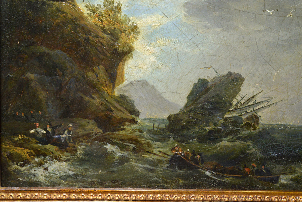 Early 19C coastal scene w shipwreck stormy sea by Swedish master