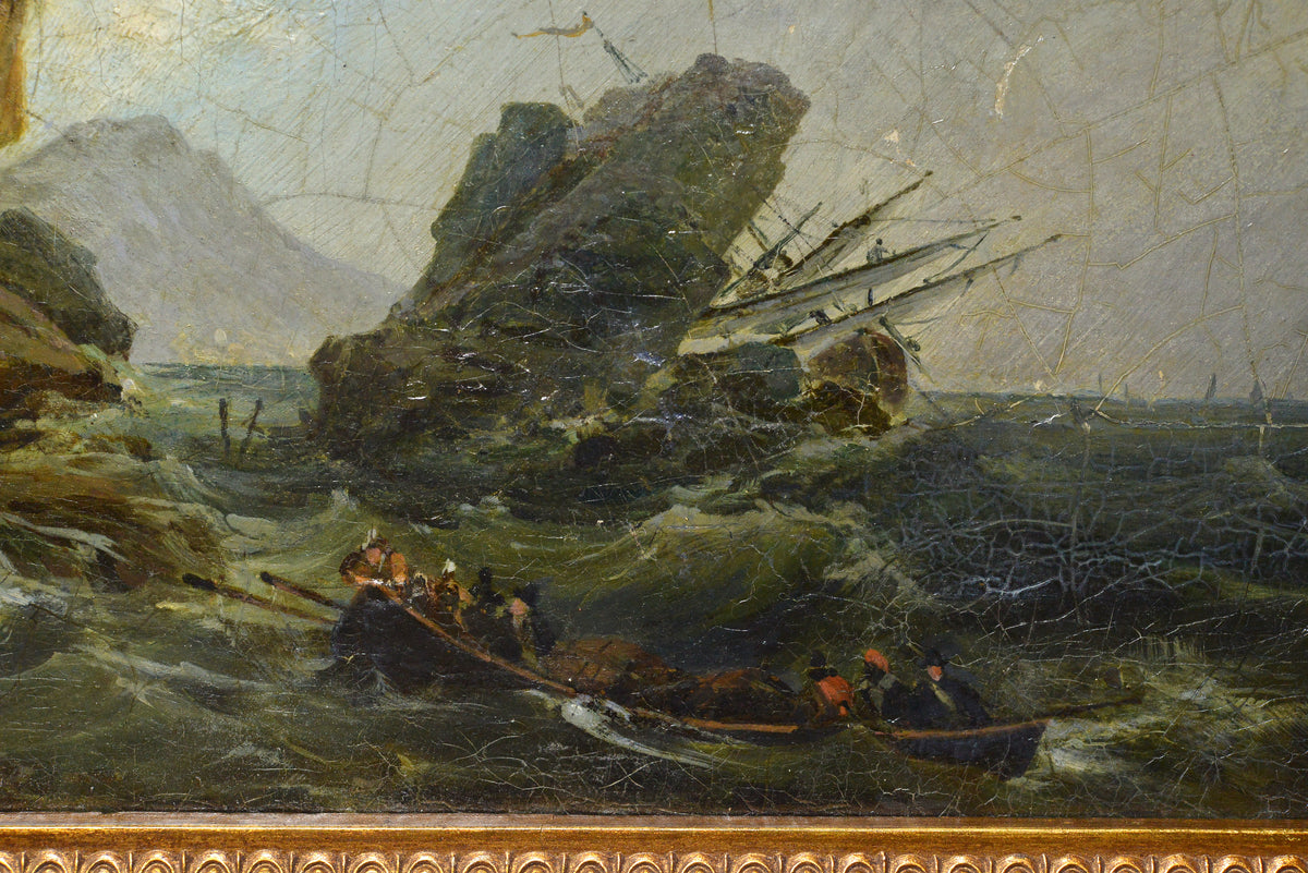 Early 19C coastal scene w shipwreck stormy sea by Swedish master