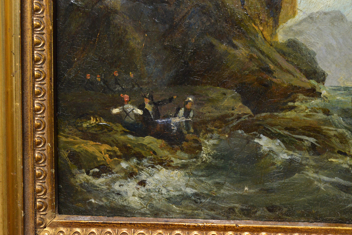 Early 19C coastal scene w shipwreck stormy sea by Swedish master