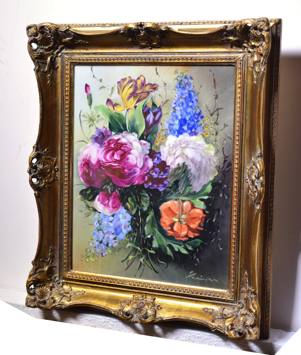 Stunning Bouquet Artist Signed German Porcelain Plaque PMM Flowers