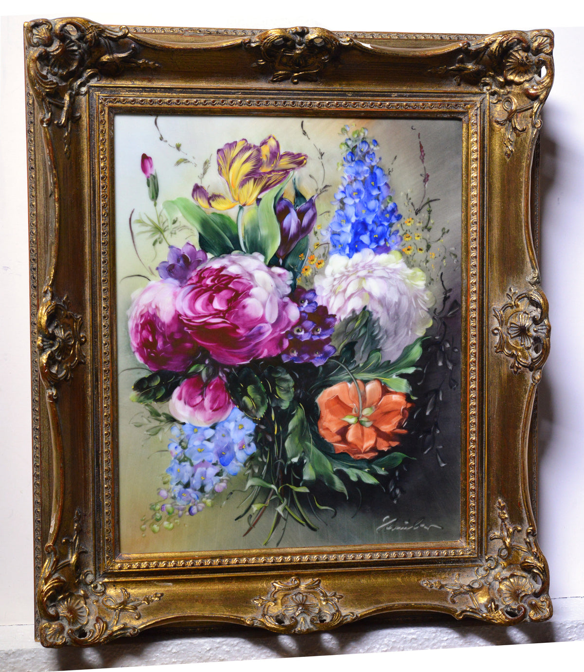 Stunning Bouquet Artist Signed German Porcelain Plaque PMM Flowers