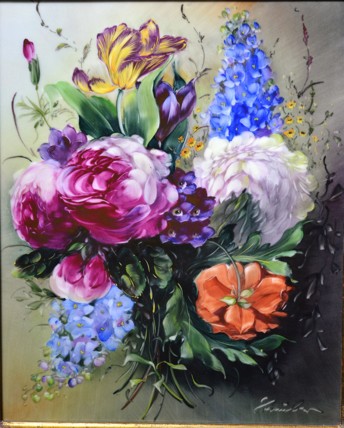 Stunning Bouquet Artist Signed German Porcelain Plaque PMM Flowers