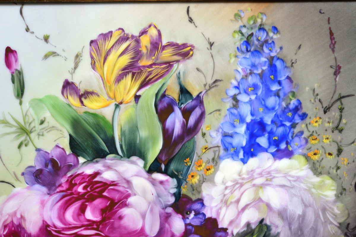 Stunning Bouquet Artist Signed German Porcelain Plaque PMM Flowers