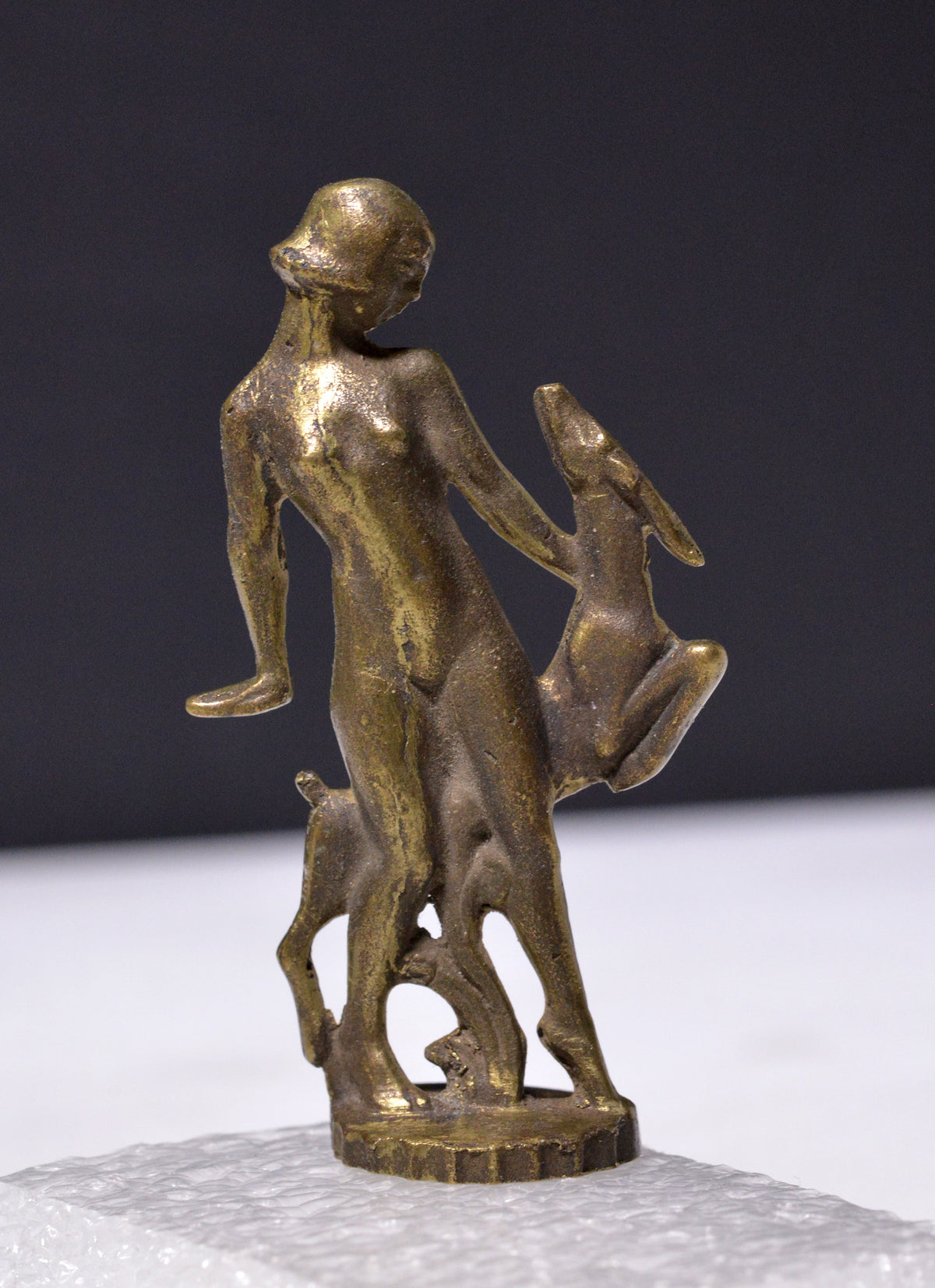 early 20C bronze miniature art deco figurine wax seal nude Diana w young roe Inactive