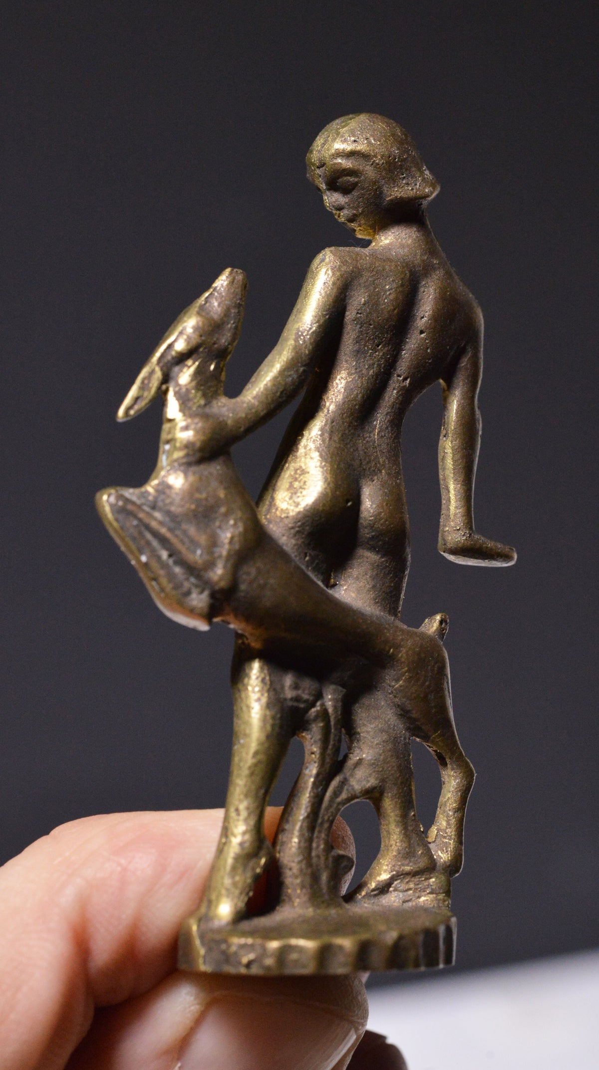 early 20C bronze miniature art deco figurine wax seal nude Diana w young roe Inactive