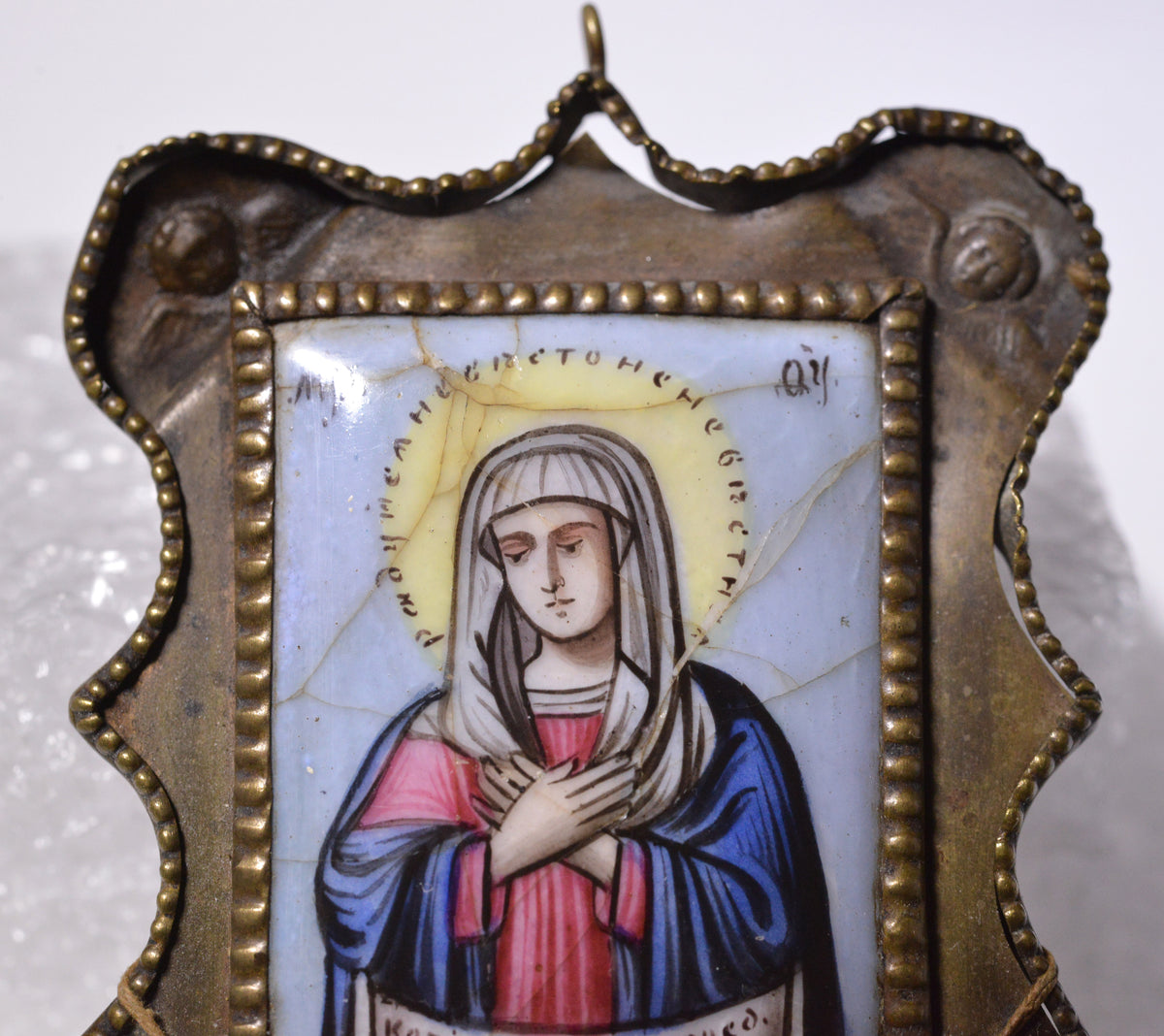 Miniature Icon Our Lady of Saint Seraphim Russian Antique Porcelain Pendant