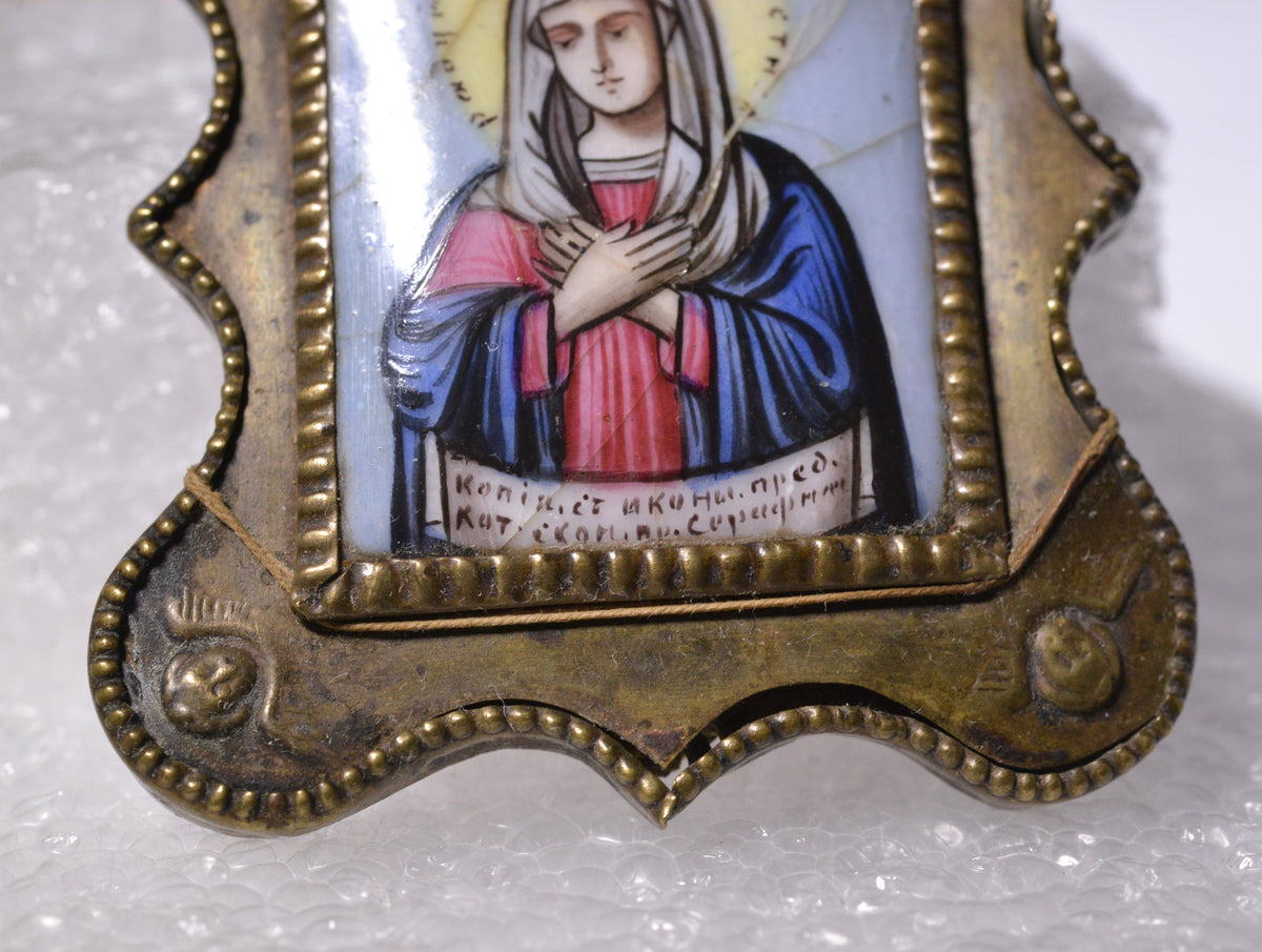 Miniature Icon Our Lady of Saint Seraphim Russian Antique Porcelain Pendant