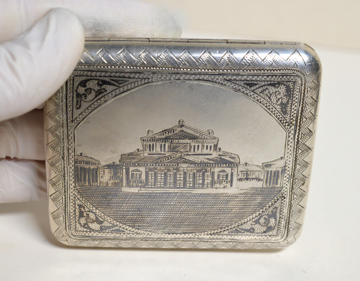 1895 Antique Russian Niello Silver Cigarette Case - Bolshoi Theatre