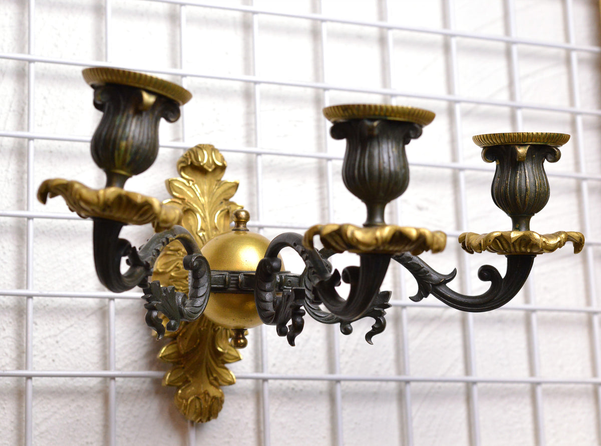 Pair Antique Neoclassical Empire 3 light Gilt Bronze Sconces Wall Chandeliers